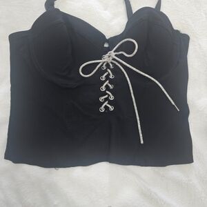 Black Lace-Up Bustier Crop Top with Rhinestone Tie